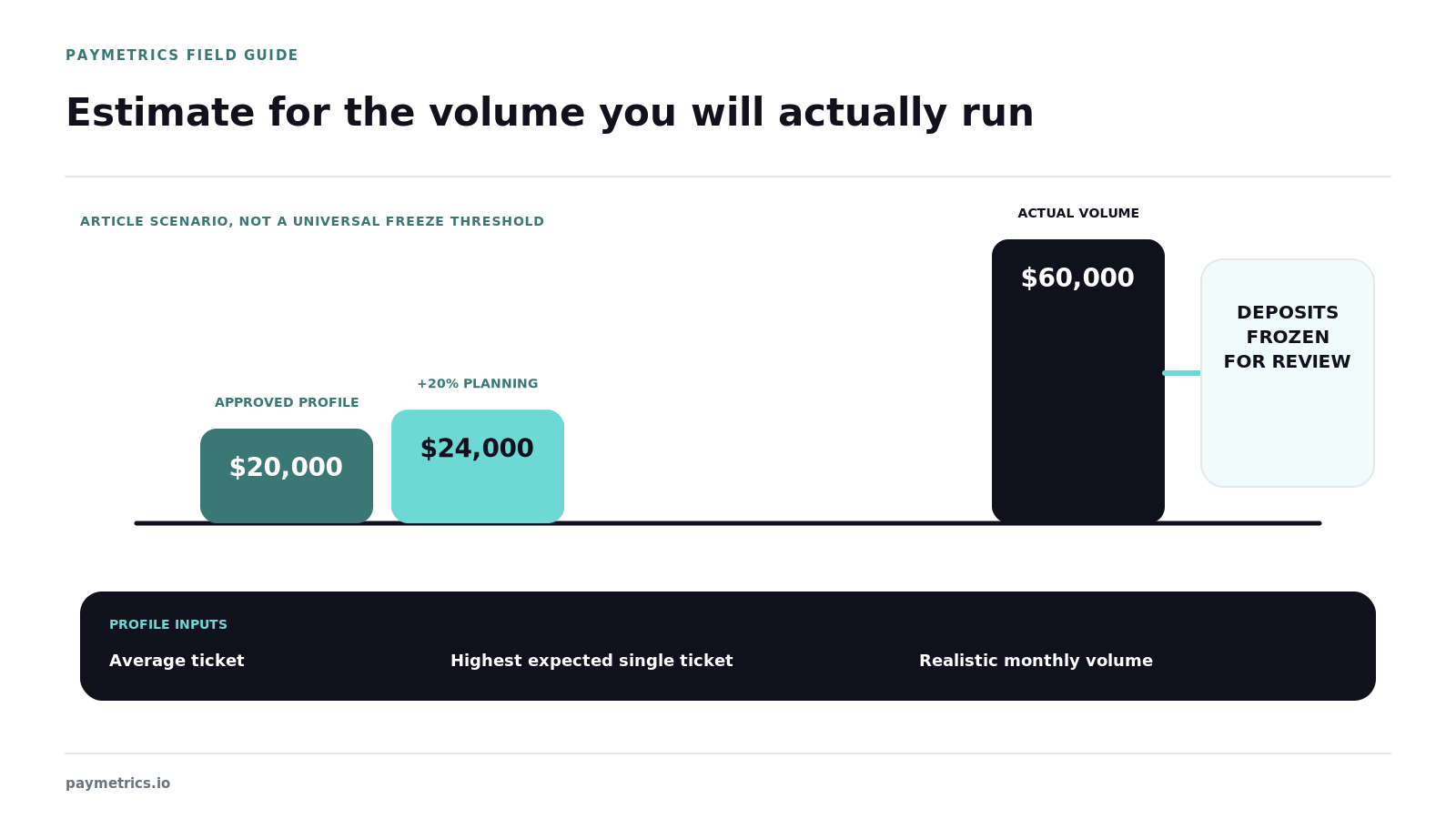 Approved $20,000 profile, 20% planning buffer, and $60,000 actual-volume article scenario